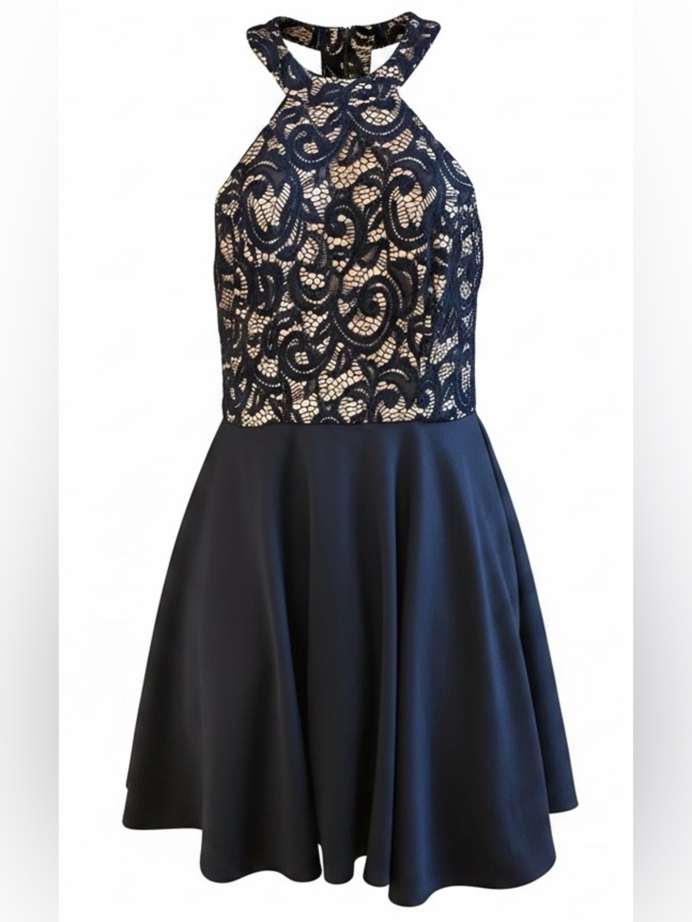 B Darlin Navy Lace Halter Fit & Flare Skater Dress Open Back Homecoming Size 7/8